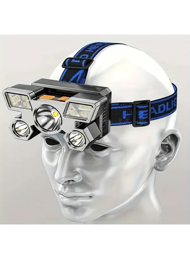Blue Portable 5LED Outdoor Headlight USB Rechargeable Built In Battery for Camping Fishing Hunting - Image 1