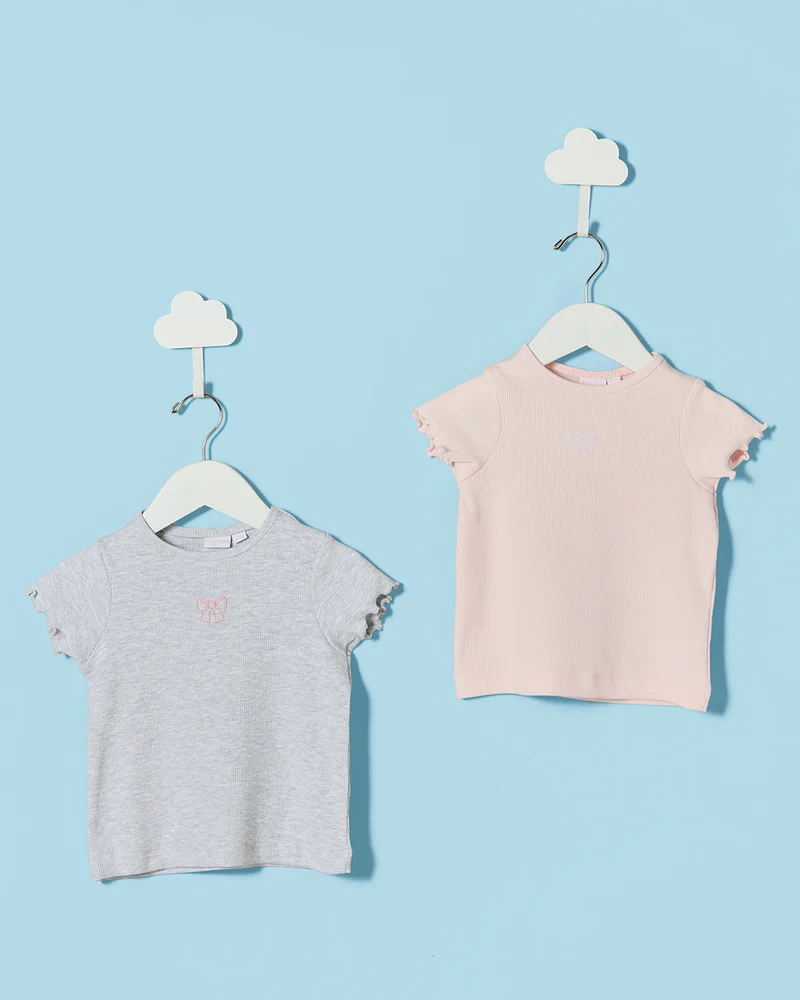 REDTAG Infant Girls Pink & Grey Melange Embroidered T-Shirts (Pack Of 2)