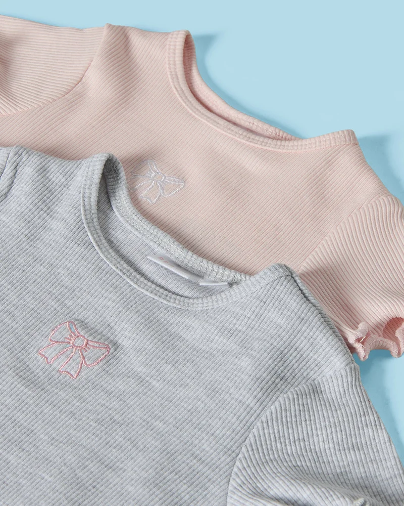 REDTAG Infant Girls Pink & Grey Melange Embroidered T-Shirts (Pack Of 2)
