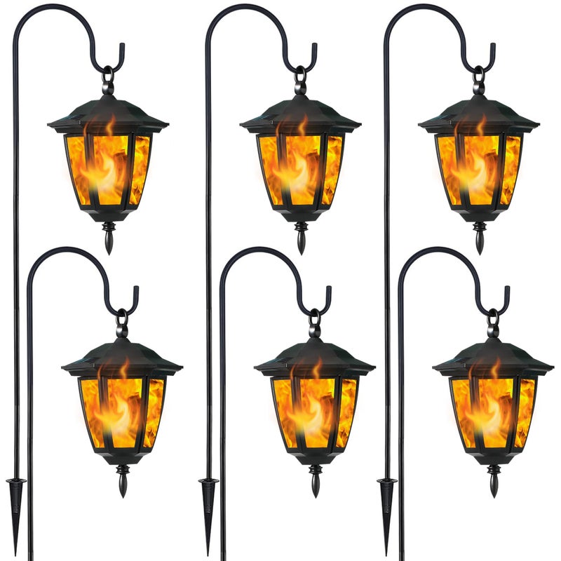 Dynaming 6 Pack Solar Flame Hanging Lights Outdoor, Halloween Solar Flickering Flame LED Garden Lanterns with 6 x 38 Inch Shepherd Hooks, Christmas Lighting for Lawn Patio Yard Pathway Driveway - Image 1