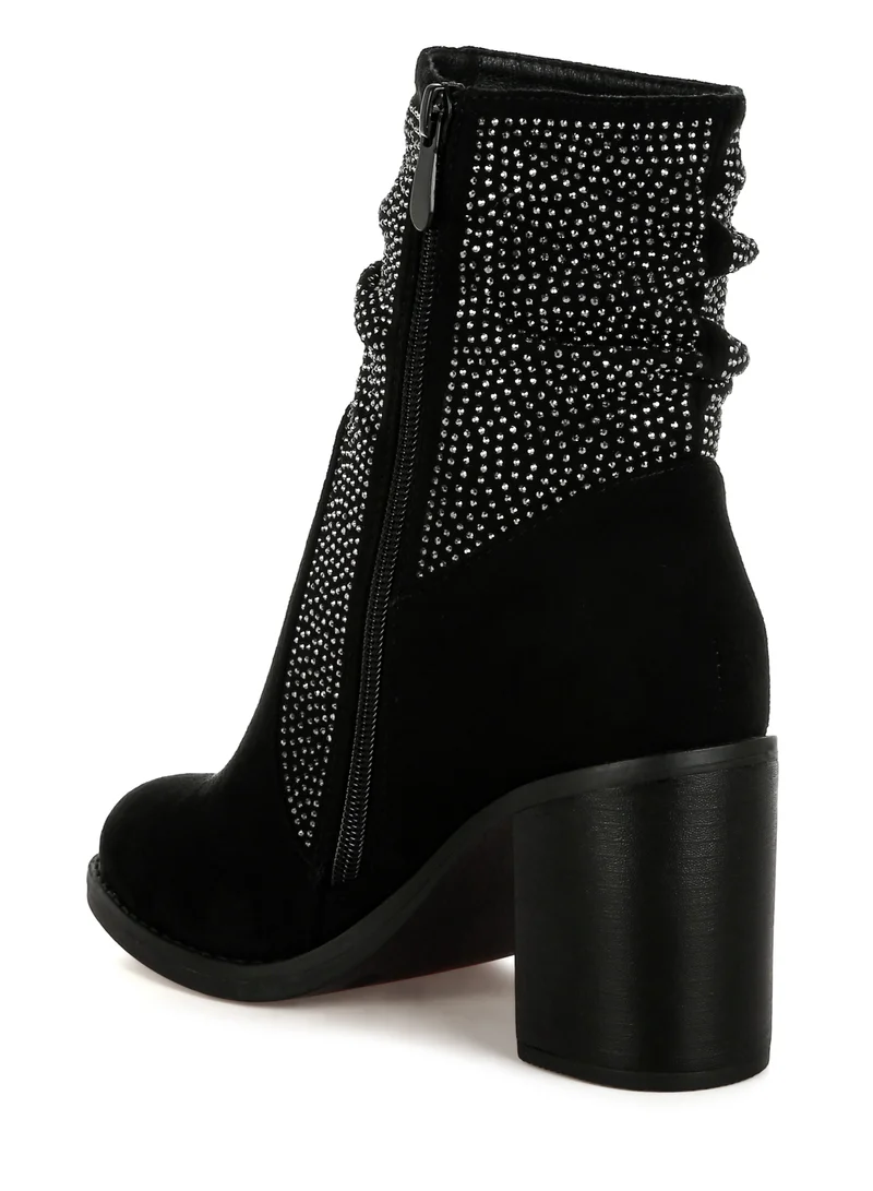 London Rag Rhinestone Studded Slouchy Ankle Boots in Black