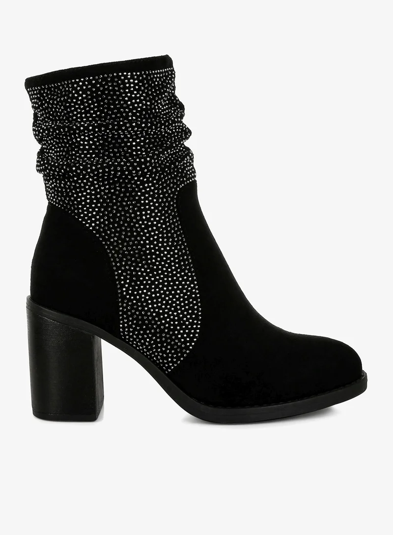 Rhinestone Studded Slouchy Ankle Boots in Black