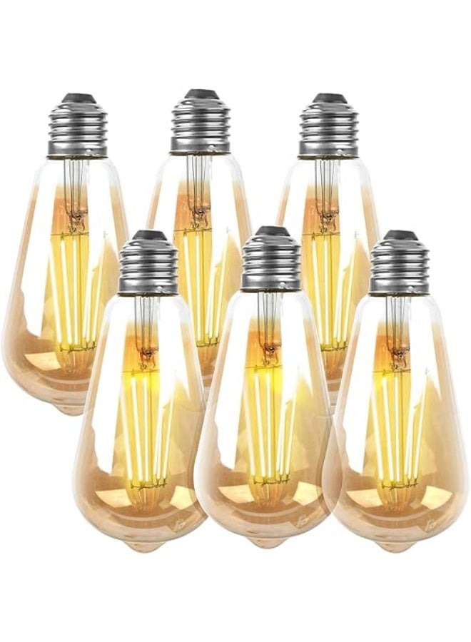 Baytion Vintage Edison Light Bulbs,6 Pack E27 LED Filament Light Bulbs, 6W Retro Antique Style Amber Glass Screw Lamp,2700K Not-Dimmable Incandescent Equivalent Amber Warm Light for Decoration - Image 1