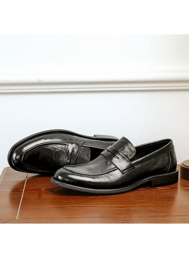 Desai Genuine Leather Hand-sed Lazy Slip-on Loafers, Business Casual Leather Shoes, Fashionable Men's Shoes, Black, Size 41 - Image 1
