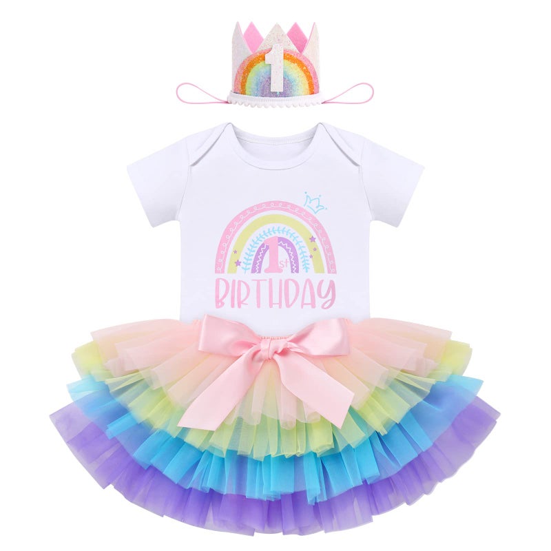 ODASDO Baby Girl Boho Rainbow 1st First Birthday Cake Smash Outfit One Year Old Party Photo Props Cotton Short Sleeve Romper Tutu Tulle Skirt Diaper Cover Shorts Mini Crown Hat 3pcs Set Multicolor 