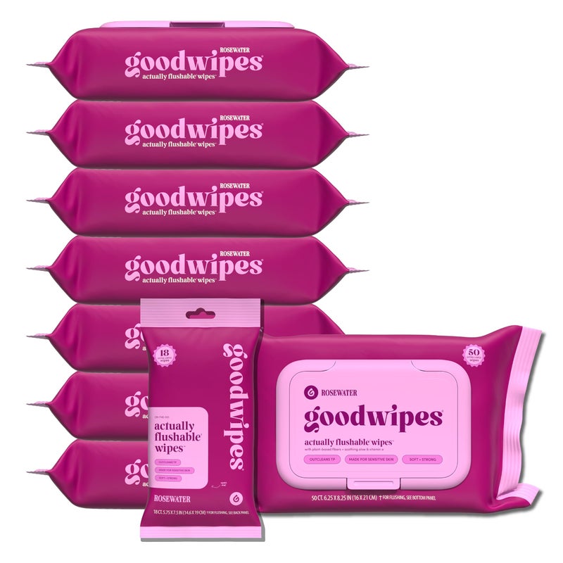 goodwipes Flushable Butt Wipes - Extra Large Adult Wet Wipes For Women & Men - Bathroom Essentials - Sewer & Septic Safe - Rosewater, 418 Count (8 Packs + 1 Travel) - Image 1