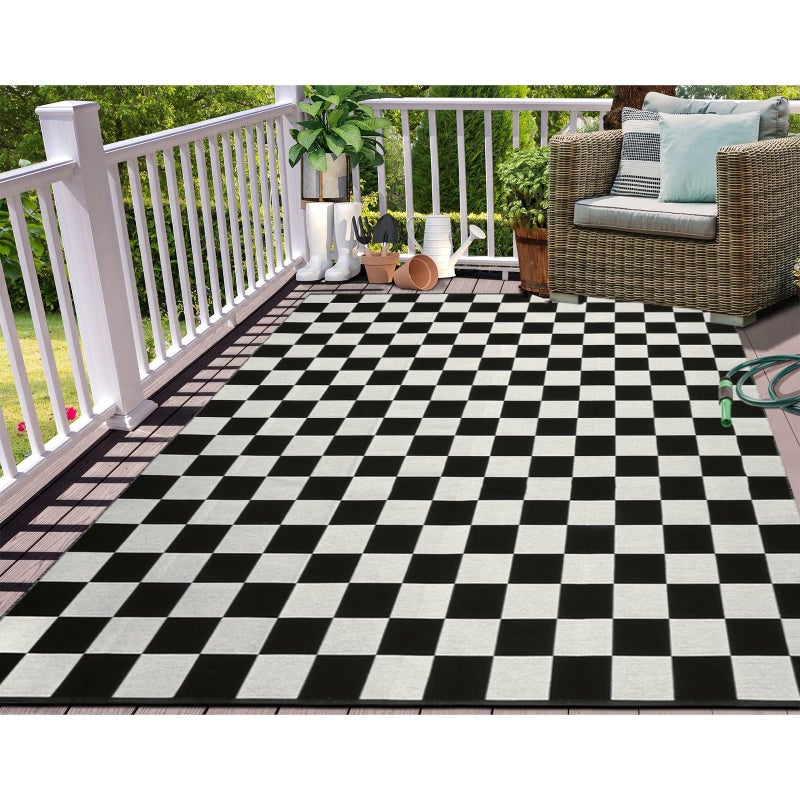 LEEVAN LEEVAN Black and White Checkered Outdoor Area Rug 5x7 ft Machine Washable Checkerboard Indoor Rug Extra Large Patio Rugs Woven Cotton Plaid Floor Carpet for Living RoomBalconyBackyard 