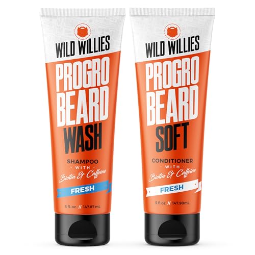 Wild Willies PROGRO Beard Shampoo and Conditioner Kit - Fortified w/Caffeine & Biotin - Strengthening, Flake-Free, Moisturizing Beard Wash and Conditioner for Men, 2 x 5oz Tubes - Image 1