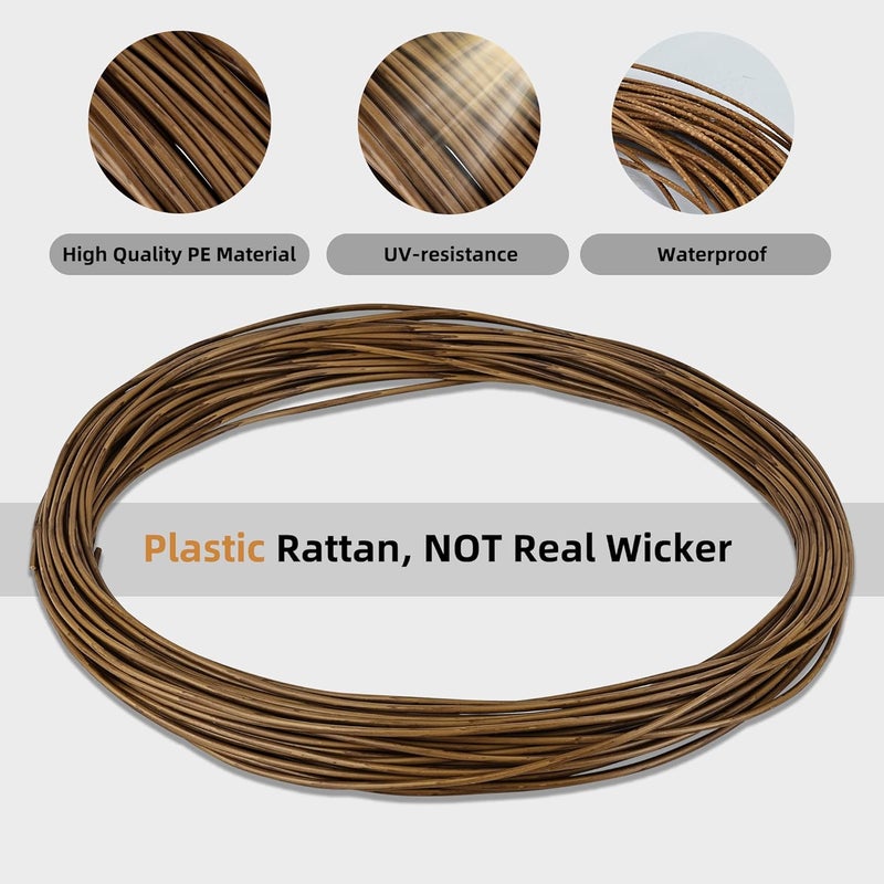 Feyart 35m/115ft 3mm Round Plastic Wicker in Wood Color, Brown Rattan for Repairing Patio Chair Woven Sofa - Image 2
