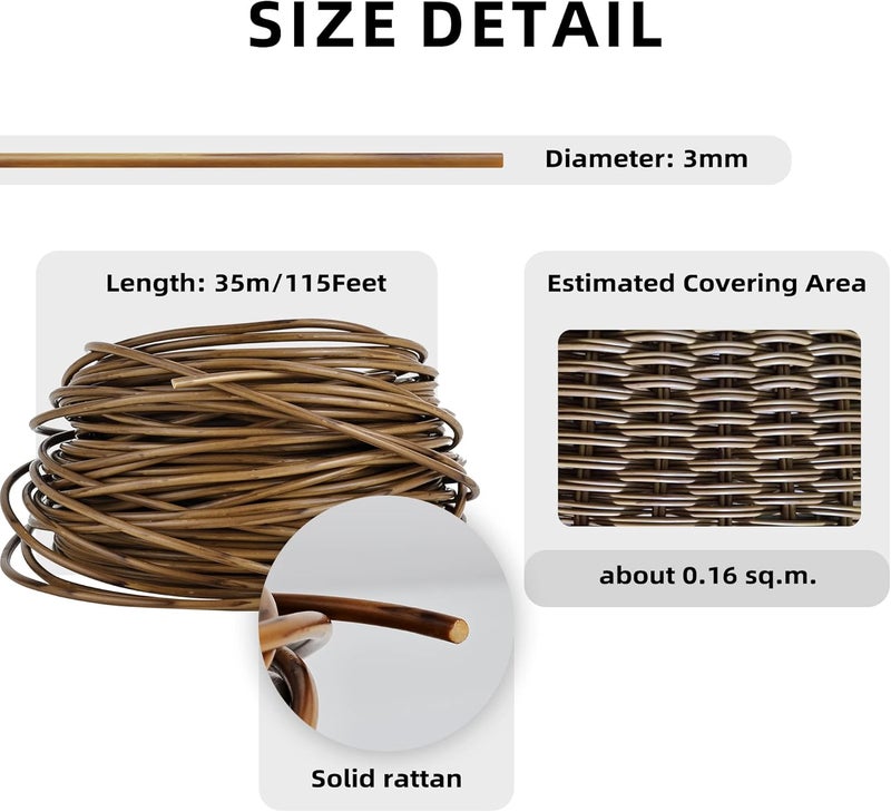 Feyart 35m/115ft 3mm Round Plastic Wicker in Wood Color, Brown Rattan for Repairing Patio Chair Woven Sofa - Image 4