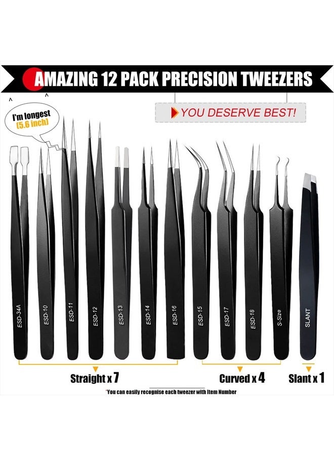 Antonki Tweezers, Precision Tweezer Set, Craft Tweezers, Soldering Tweezers, Jewelry Tweezers, Ingrown Tweezers, Eyelash Extension Tweezers, Eyebrow Tweezers - 12 Pack with Organized Case - Image 3