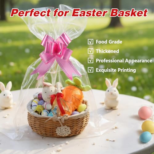 SUREHOME Cellophane Bags for Gift Baskets Wrapping Plastic 10 Pcs 30 x 40 Inch Large Cellophane Bags for Easter Basket Wrap Clear Gift Bags with Pull Bow Shrink Wrap Bag for Gift Basket Gift Giving - Image 4