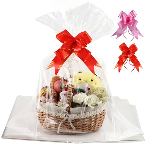 SUREHOME Cellophane Bags for Gift Baskets Wrapping Plastic 10 Pcs 30 x 40 Inch Large Cellophane Bags for Easter Basket Wrap Clear Gift Bags with Pull Bow Shrink Wrap Bag for Gift Basket Gift Giving - Image 1