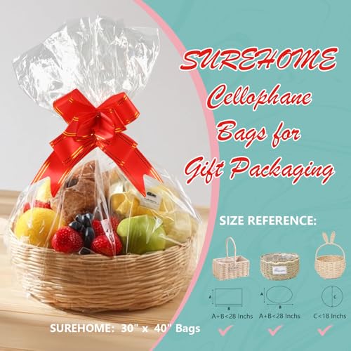 SUREHOME Cellophane Bags for Gift Baskets Wrapping Plastic 10 Pcs 30 x 40 Inch Large Cellophane Bags for Easter Basket Wrap Clear Gift Bags with Pull Bow Shrink Wrap Bag for Gift Basket Gift Giving - Image 3
