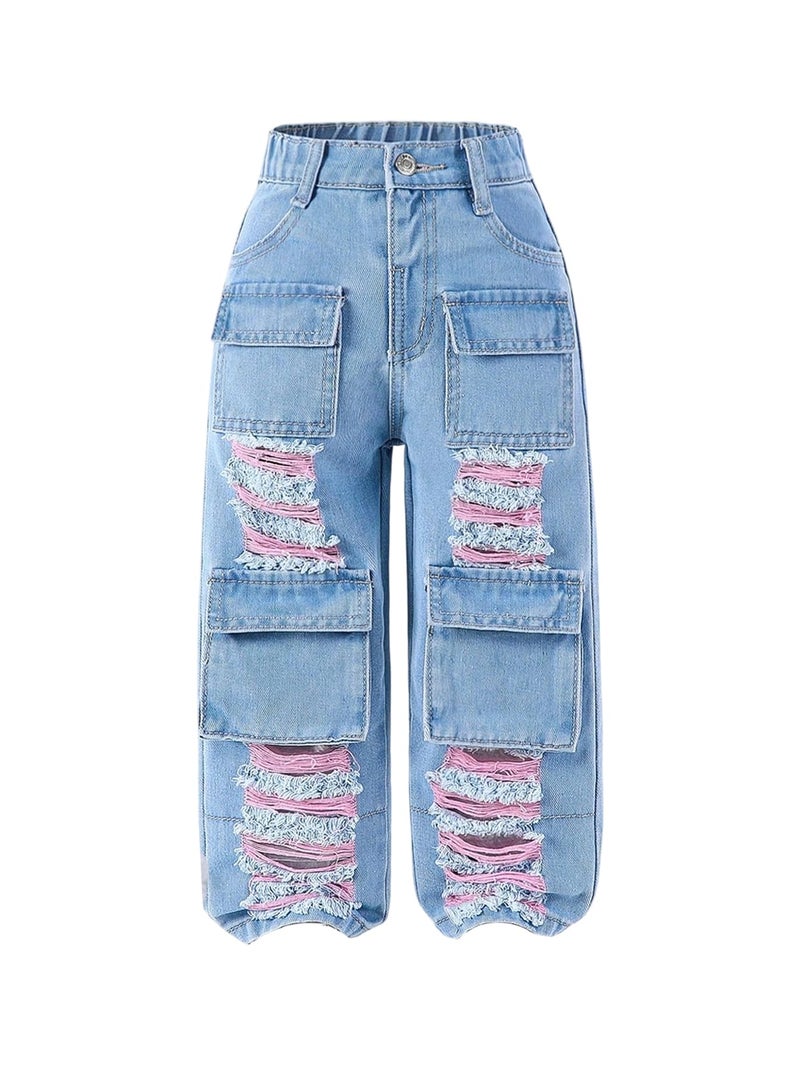 Verdusa Toddler Girl's Distressed Ripped Jean Cargo Pants Y2K Leg Denim Pants with Pockets Light Wash 6 Years - Image 1