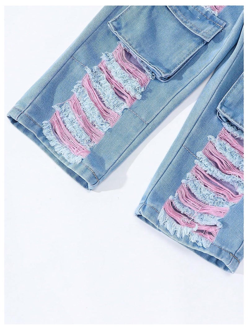 Verdusa Toddler Girl's Distressed Ripped Jean Cargo Pants Y2K Leg Denim Pants with Pockets Light Wash 6 Years - Image 5