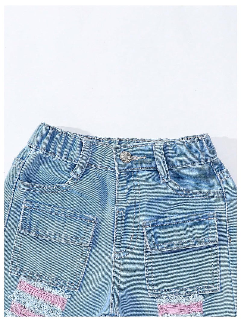 Verdusa Toddler Girl's Distressed Ripped Jean Cargo Pants Y2K Leg Denim Pants with Pockets Light Wash 6 Years - Image 3