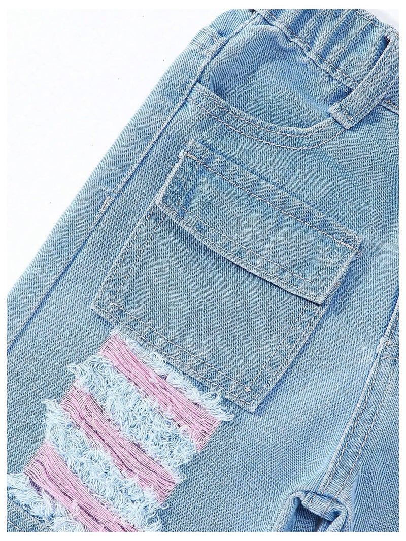 Verdusa Toddler Girl's Distressed Ripped Jean Cargo Pants Y2K Leg Denim Pants with Pockets Light Wash 6 Years - Image 4