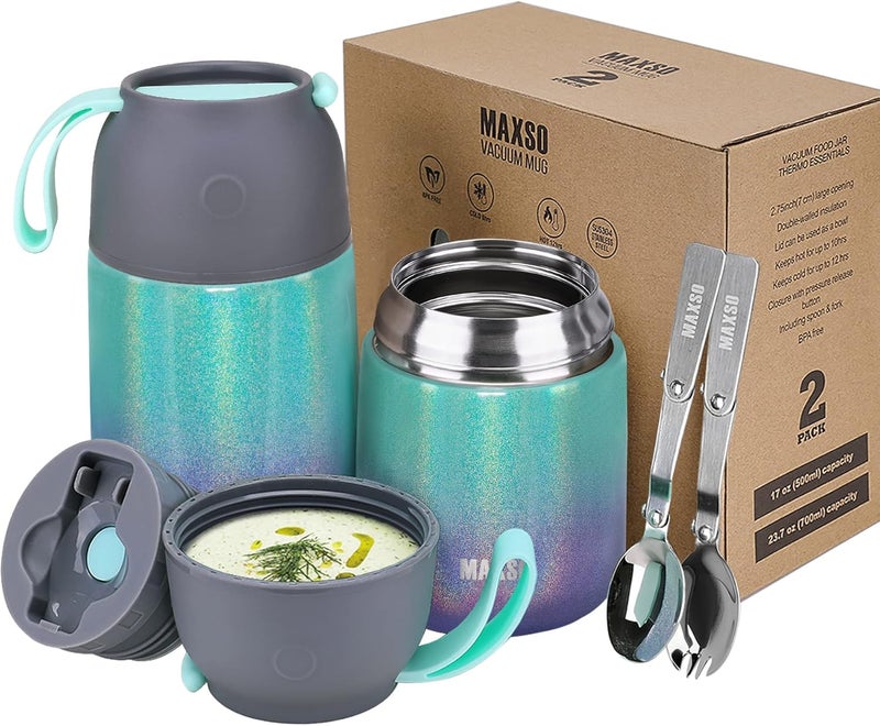 Max&So 2 Pack Soup Thermo for Hot & Cold Food for Kids Adults, Vacuum Insulated Food Jar Thermal Lunch Containers, Travel Food Flask with Spoon (24 oz,17 oz) (Glitter Rainbow) - Image 1