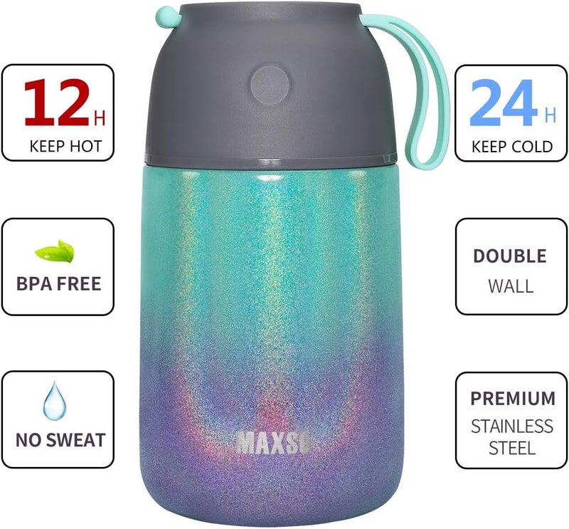 Max&So 2 Pack Soup Thermo for Hot & Cold Food for Kids Adults, Vacuum Insulated Food Jar Thermal Lunch Containers, Travel Food Flask with Spoon (24 oz,17 oz) (Glitter Rainbow) - Image 2