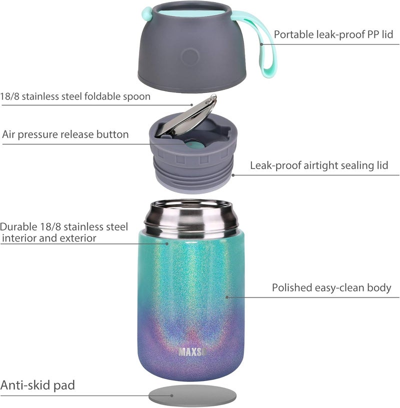 Max&So 2 Pack Soup Thermo for Hot & Cold Food for Kids Adults, Vacuum Insulated Food Jar Thermal Lunch Containers, Travel Food Flask with Spoon (24 oz,17 oz) (Glitter Rainbow) - Image 3