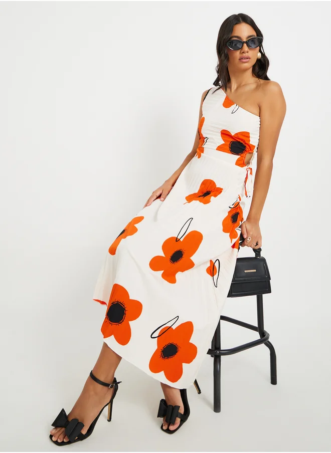ستايلي Floral Print One Shoulder A-Line Midi Dress
