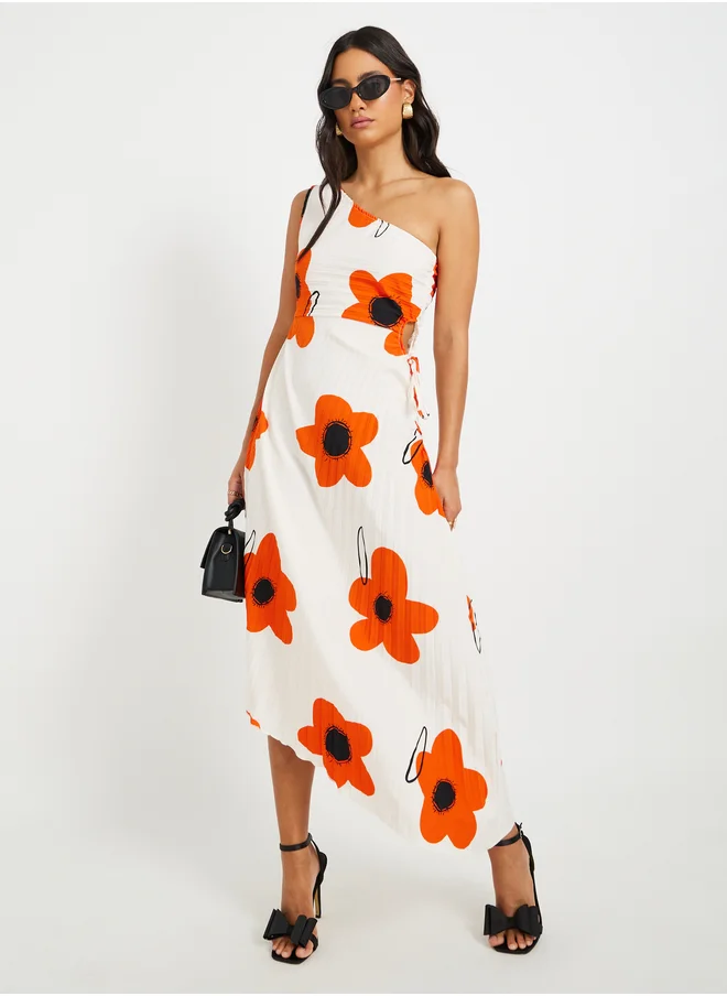 ستايلي Floral Print One Shoulder A-Line Midi Dress