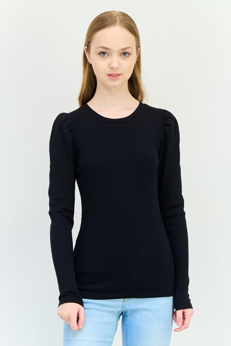GAP Women Crew Neck Long Sleeves Ribbed Top, Black - Image 1