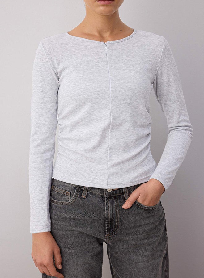 trendyol Gray Melange Fitted/Slim Fit Zip-Up Knitted Blouse - Image 3