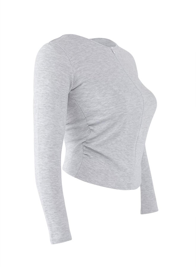 trendyol Gray Melange Fitted/Slim Fit Zip-Up Knitted Blouse - Image 5