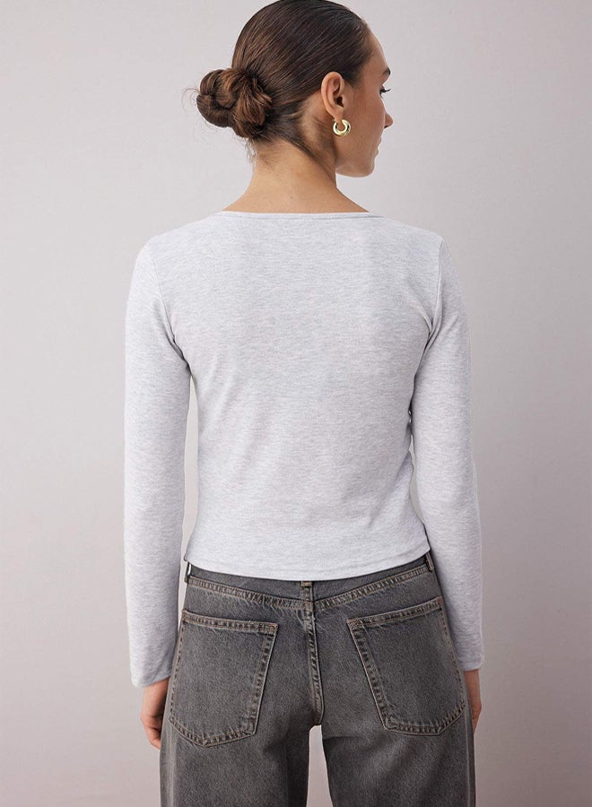 trendyol Gray Melange Fitted/Slim Fit Zip-Up Knitted Blouse - Image 4