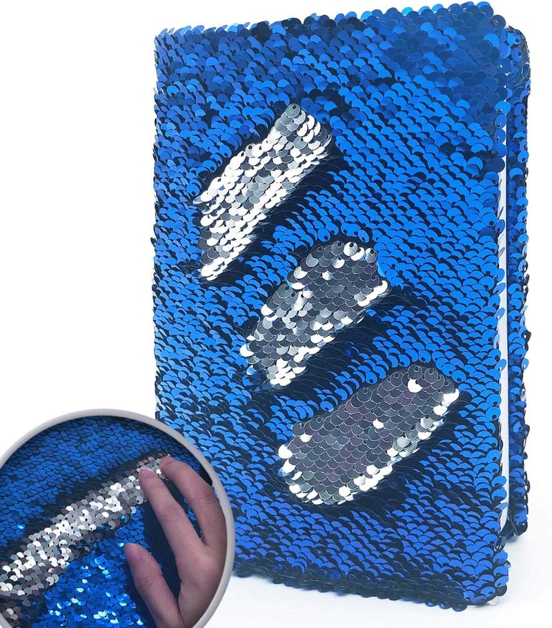 GINMLYDA Sequin Girls Journal for Kids, 8.5x5.5 Inches 160 Lined Pages Diary for Girls and Boys Reversible Flip Sequence Notebook for Teenage Pre School Writing Drawing Travel Gifts (Blue-Sliver) - Image 1
