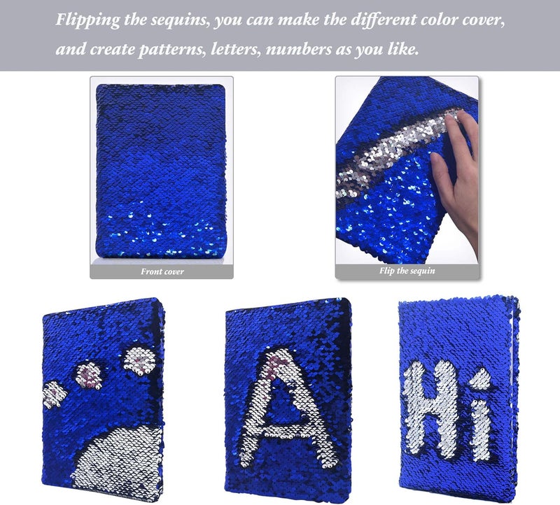 GINMLYDA Sequin Girls Journal for Kids, 8.5x5.5 Inches 160 Lined Pages Diary for Girls and Boys Reversible Flip Sequence Notebook for Teenage Pre School Writing Drawing Travel Gifts (Blue-Sliver) - Image 2
