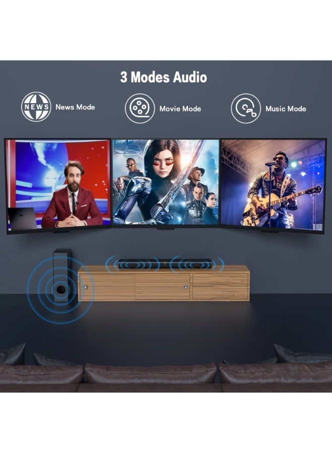 FlashHawk Sound Bar with Subwoofer, 110W Sound Bar for Smart TV with Adjustable Deep Bass & Volume Boost & 3 Equalizer Modes, Bluetooth/USB/Opt/AUX/HDMI/DC, Detachable Soundbar for TV/PC/Gaming/Projectors - Image 2