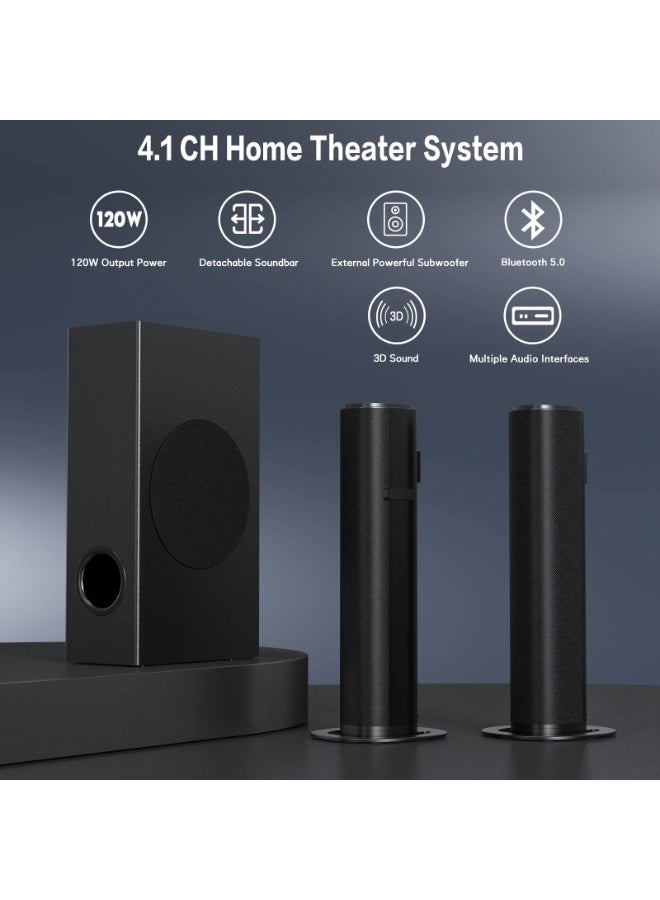 FlashHawk Sound Bar with Subwoofer, 110W Sound Bar for Smart TV with Adjustable Deep Bass & Volume Boost & 3 Equalizer Modes, Bluetooth/USB/Opt/AUX/HDMI/DC, Detachable Soundbar for TV/PC/Gaming/Projectors - Image 5