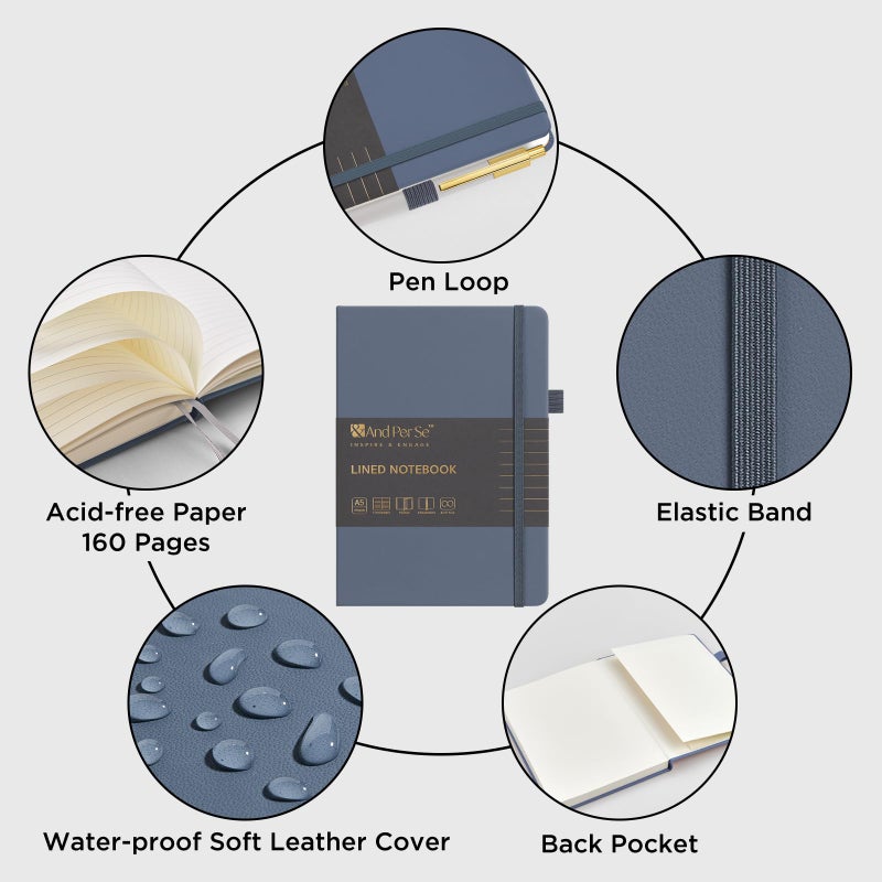 &And Per Se ⩓ Per Se Lined Journal and Pen Set, A5 Leather Hardcover Notebook with Pen & Stationary Set, 160 Pages 100GSM Thick Ruled Paper Journal for Business Work Writing (Dark Blue) - Image 3