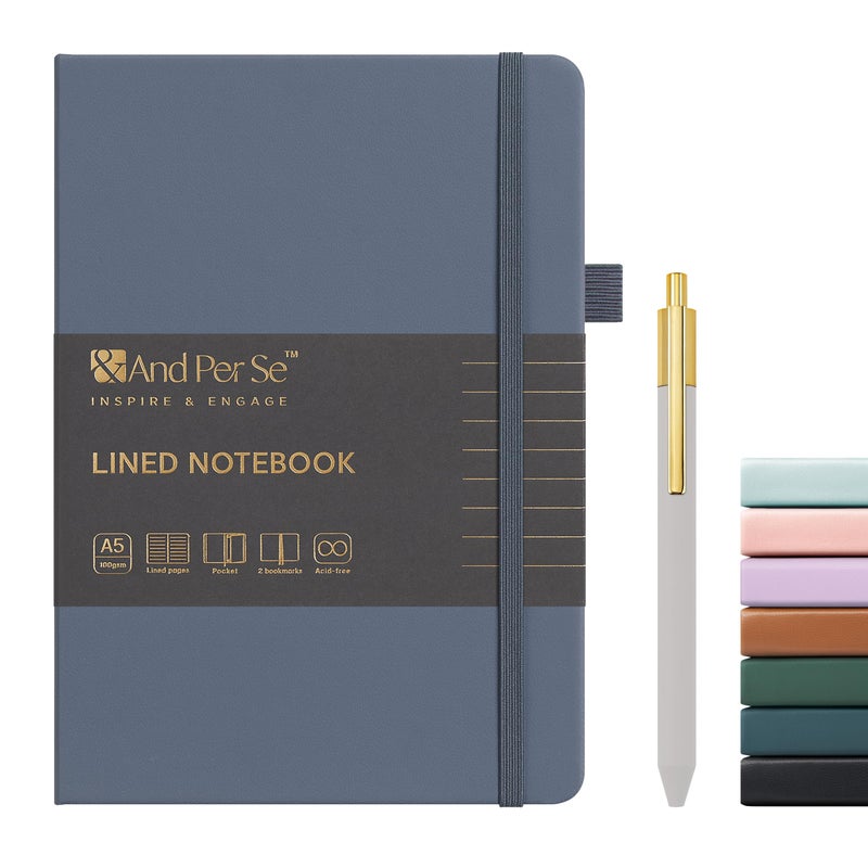 &And Per Se ⩓ Per Se Lined Journal and Pen Set, A5 Leather Hardcover Notebook with Pen & Stationary Set, 160 Pages 100GSM Thick Ruled Paper Journal for Business Work Writing (Dark Blue) - Image 1