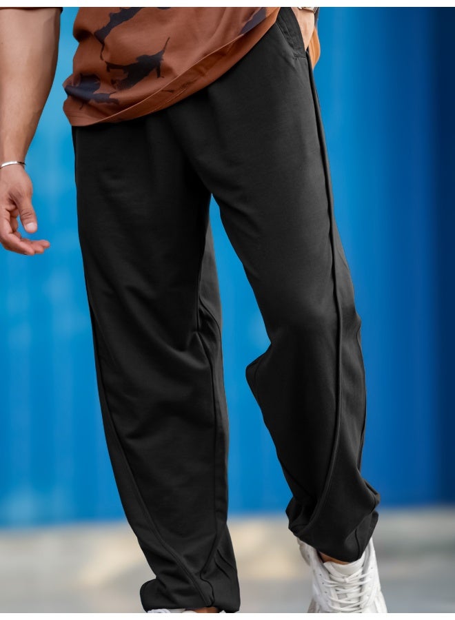 Maniac Maniac Mens Black Core Panel Cotton Baggy Fit Pant  - Image 1