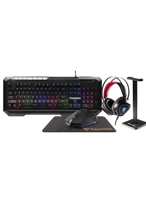 POSEIDON M3 5-IN-1 Gaming COMBO ( Gaming Keyboard Multi-Color Backlit Multimedia + RGB Gaming Mouse 3600 DPI + Gaming Headset Lighted 50mm + Non-Slip Gaming Mouse Mat + Minimalist Headset Stand )