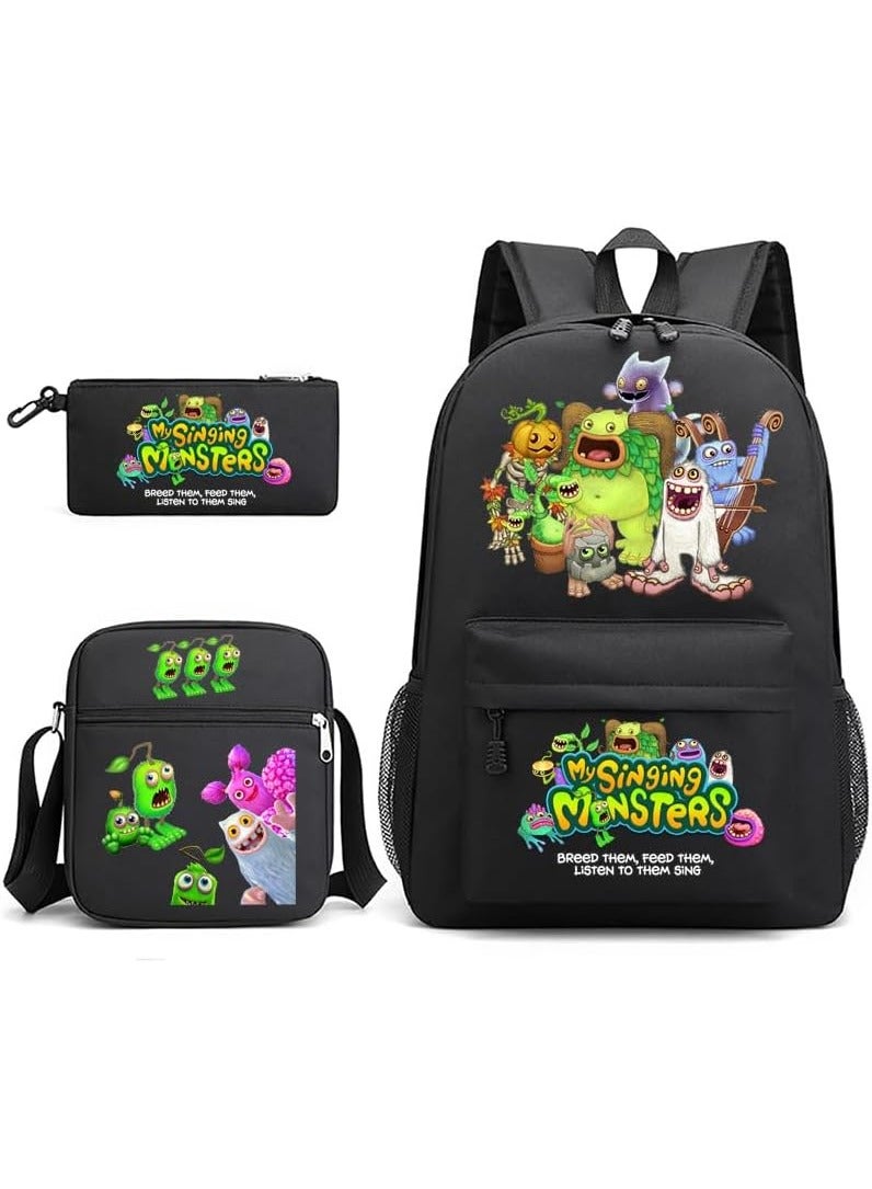 عام 3 قطعة مجموعة على ظهره ، بلدي الغناء وحوش حقيبة المدرسة ، سعة كبيرة حقيبة ظهر عادية مع حقيبة الغداء و مقلمة للبنين بنات الطلاب