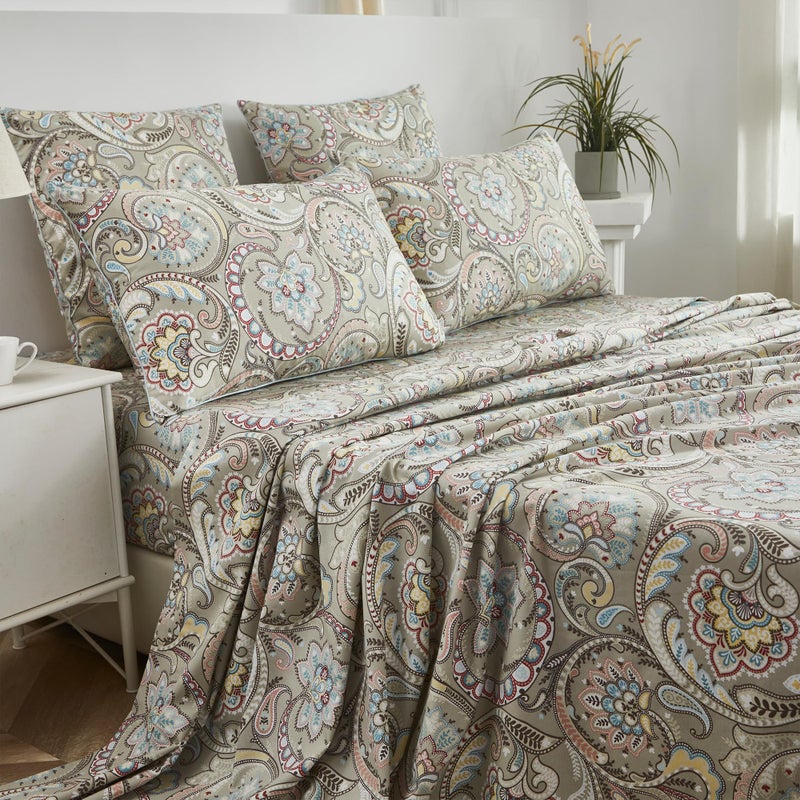 FADFAY Paisley Sheets Set Queen Vintage Floral Bedding Set 100% Egyptian Cotton Soft Breathable Bed Sheets Luxury 17.7â€œ Deep Pocket Fitted Sheet Shabby Beige Boho Style for All Season, Queen Size - Image 2