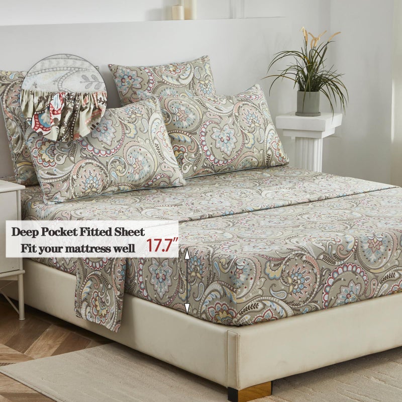 FADFAY Paisley Sheets Set Queen Vintage Floral Bedding Set 100% Egyptian Cotton Soft Breathable Bed Sheets Luxury 17.7â€œ Deep Pocket Fitted Sheet Shabby Beige Boho Style for All Season, Queen Size - Image 4
