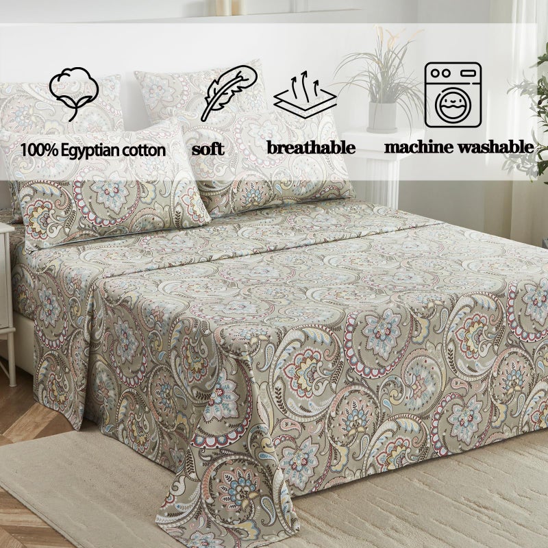 FADFAY Paisley Sheets Set Queen Vintage Floral Bedding Set 100% Egyptian Cotton Soft Breathable Bed Sheets Luxury 17.7â€œ Deep Pocket Fitted Sheet Shabby Beige Boho Style for All Season, Queen Size - Image 3