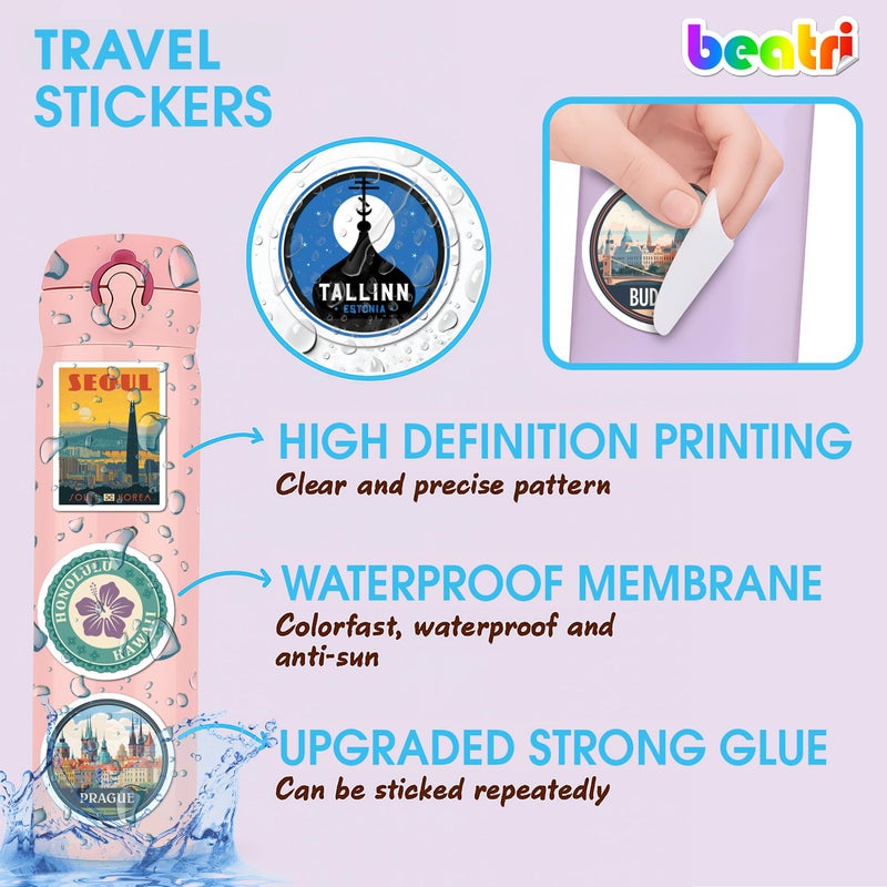 BEATRI World Travel Stickers 50Pcs Waterproof Vinyl Travel Map Stickers for Suitcase, Bicycle, Laptop, Water Bottle, Journaling & Travel Gear | Non-Repeating Decals, High-Definition Print - Image 3