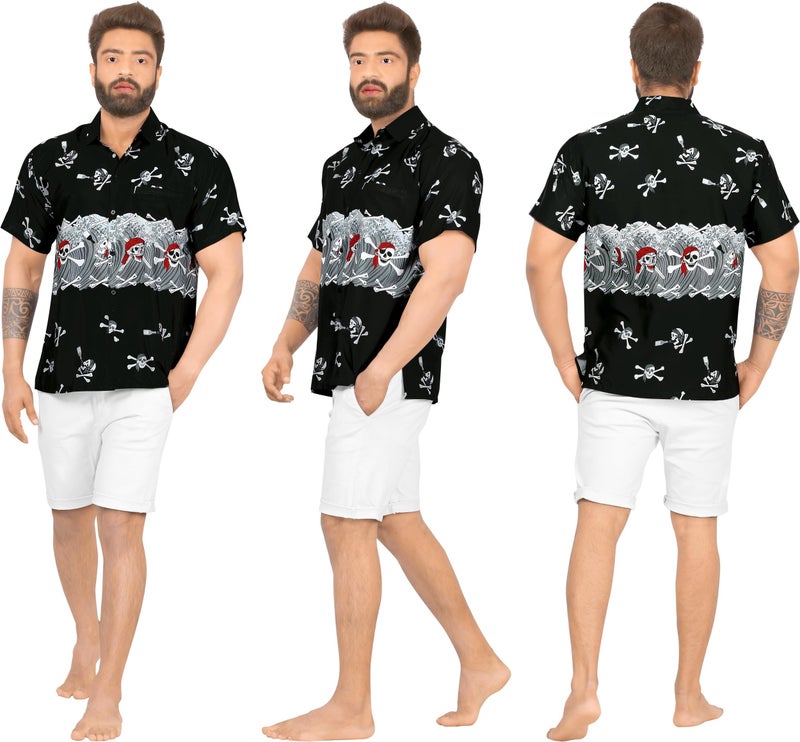 LA LEELA Men's Halloween Hawaiian Short Sleeve Button Up Beach Caribbean Shirt Fashion Pirate Cruise Shirts for Men M Skull Crossbones Black - Image 3