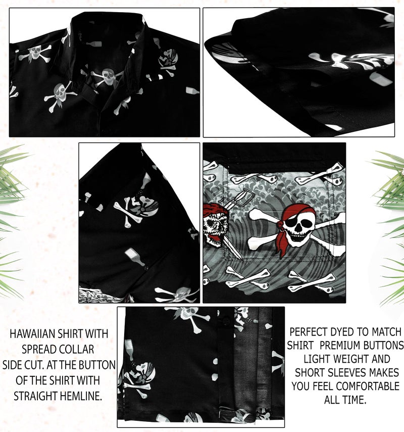 LA LEELA Men's Halloween Hawaiian Short Sleeve Button Up Beach Caribbean Shirt Fashion Pirate Cruise Shirts for Men M Skull Crossbones Black - Image 4