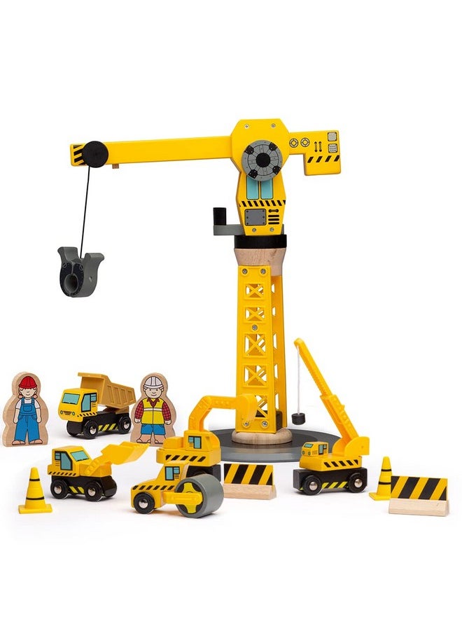 Bigjigs Rail Bigjigs Rail Big Yellow Wooden Crane Construction Play Set with Vehicles & Accessories  - Image 4