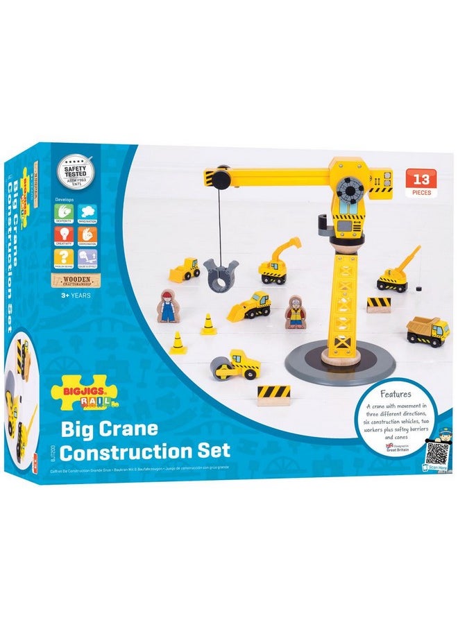 Bigjigs Rail Bigjigs Rail Big Yellow Wooden Crane Construction Play Set with Vehicles & Accessories  - Image 5