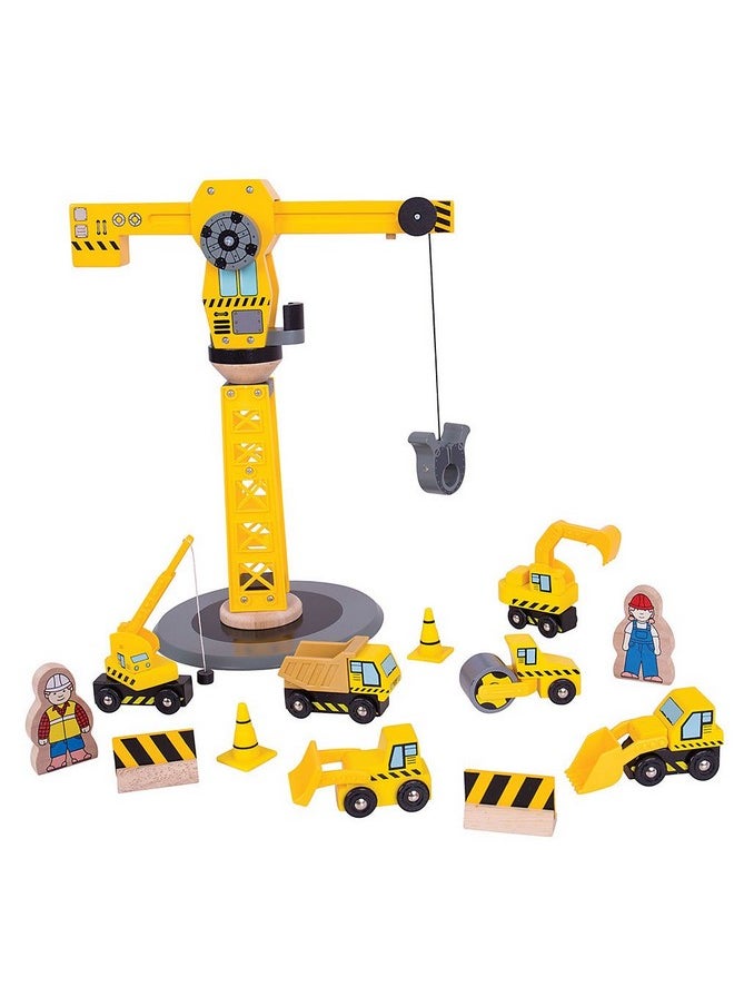 Bigjigs Rail Bigjigs Rail Big Yellow Wooden Crane Construction Play Set with Vehicles & Accessories  - Image 1