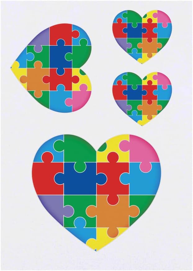 4 x Autism Jigsaw Piece Heart Temporary Tattoos Water Resistant SkinSafe NonToxic Transfers Mixed Sizes TO00058406